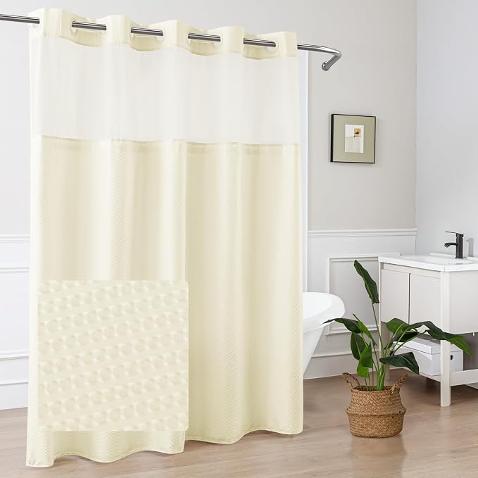 No Hook Cream Shower Curtain with Snap-in Fabric Liner 71x74 | Embossed Waffle-Look Textured, Sheer Window, Soft & Lightweight, Water Repellent Fabric Shower Curtain for Bathroom