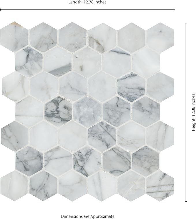 MSI Calacatta Cressa 12 in. x 12 in. Hexagon Honed Marble Tile – Kitchen Backsplash, Bathroom Wall, Accent or Shower Wall, Mesh-Mounted Mosaic, White