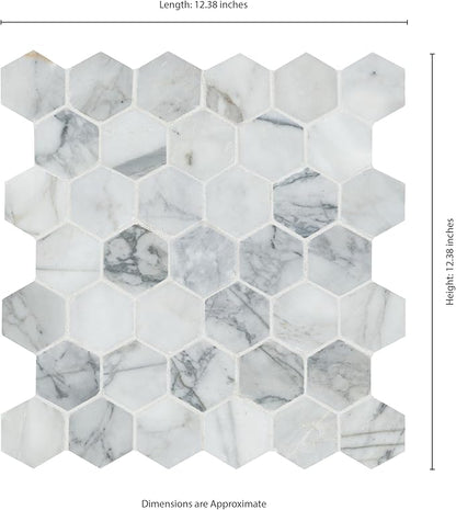 MSI Calacatta Cressa 12 in. x 12 in. Hexagon Honed Marble Tile – Kitchen Backsplash, Bathroom Wall, Accent or Shower Wall, Mesh-Mounted Mosaic, White
