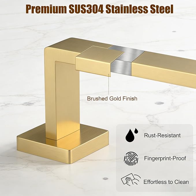 5-Pieces Brushed Gold Bathroom Hardware Set, SUS 304 Stainless Steel 24.48 Inch Square Towel Bar Set with Towel Ring Robe Towel Hooks and Paper Towel Holder for Bathroom Wall Mounted