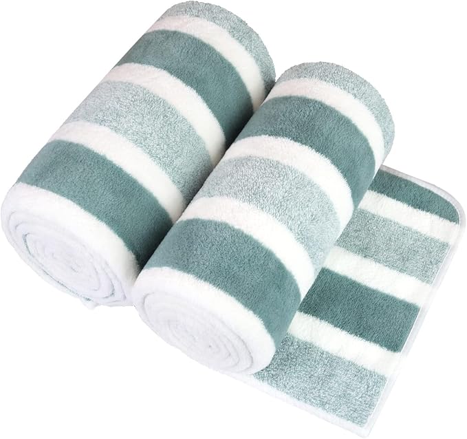 JML Bath Towels, 2 Pack, 27x55 in, Microfiber, Stripe Green | Soft, Super Absorbent, Quick Dry, Lint-Free, Lightweight Bathroom Towel with Hanging Loop for Daily Use