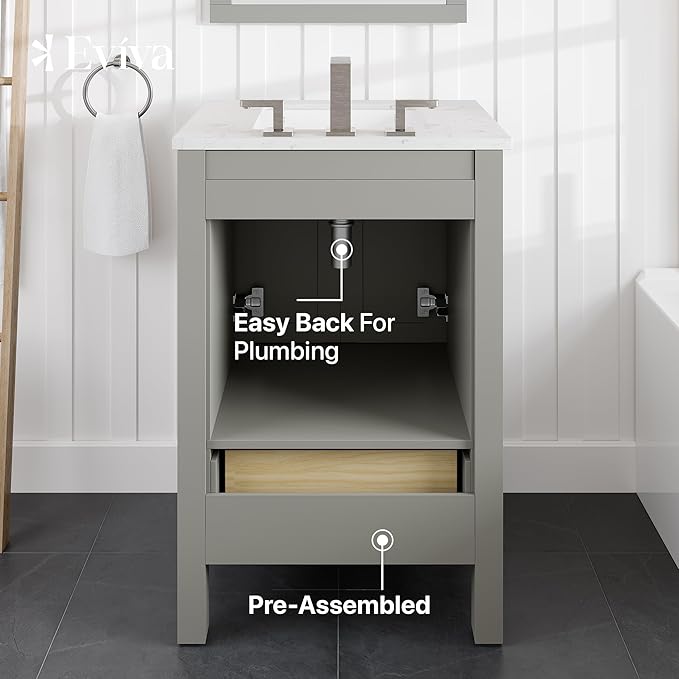 Eviva Aberdeen 24 in. Gray Single Sink Bath Vanity with Carrara Quartz Top and Undermount Porcelain Sink