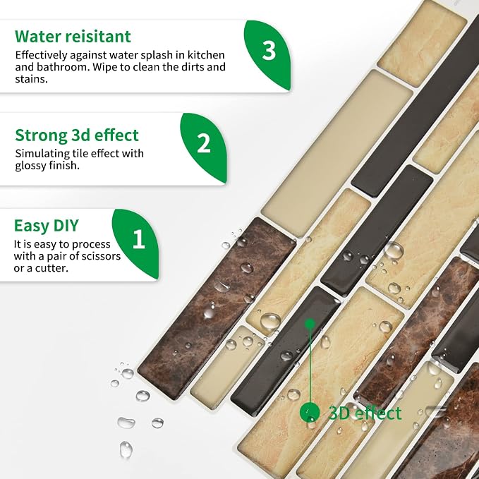 LONGKING 10-Sheet Brown Peel and Stick Backsplash Tile for Kitchen, Vinyl 3D Self-Adhesive Tile Stickers for Kitchen, Bathroom, Counter Top | Peel and stick backsplash, vinyl PVC, Brown, waterproof, kitchen bathroom wall, 10-sheet, set A