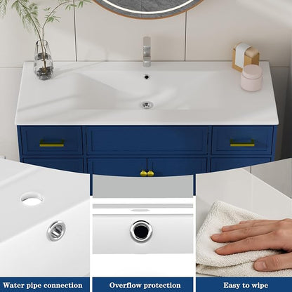 Blue Bathroom Vanity with Sink 48inch | 2 Doors and 6 Drawers | Wood Storage Basin Cabinet with Ceramic Basin for Home and Office