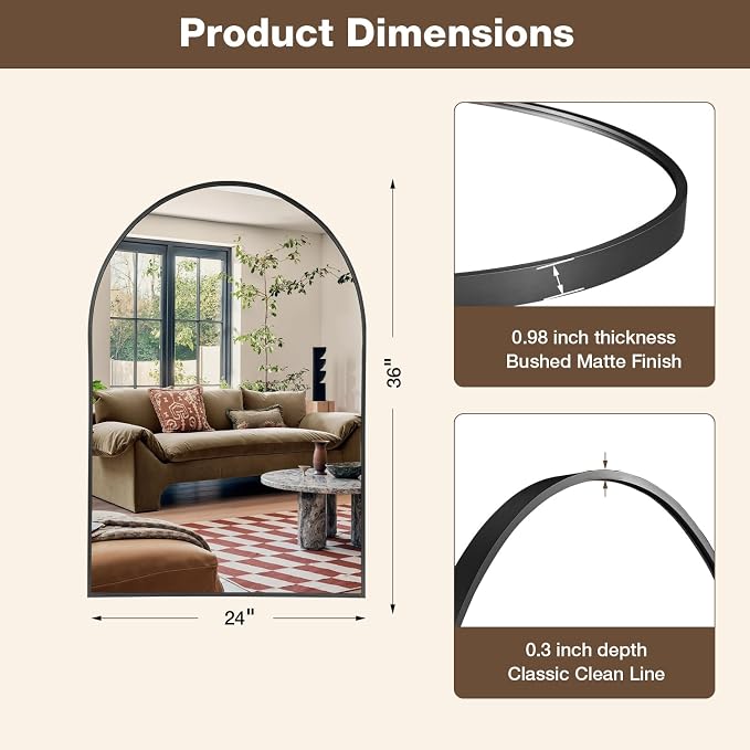 24"x36" Matte Black Arched Vanity Bathroom Mirror, Set of 2 | Aluminum Alloy Frame, Clear Reflection, Rust-Resistant, Vertical or Horizontal, Wall Mount, Bedroom and Entryway