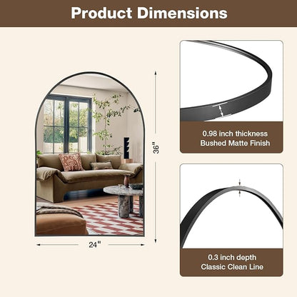 24"x36" Matte Black Arched Vanity Bathroom Mirror, Set of 2 | Aluminum Alloy Frame, Clear Reflection, Rust-Resistant, Vertical or Horizontal, Wall Mount, Bedroom and Entryway