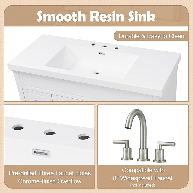 Harper & Bright Designs 48" Bathroom Vanity Set with Sink, Free Standing Single Basin Vanity Set with 2 Soft-Close Doors and 6 Drawers, Wood Storage Cabinet with Resin Basin for Bathroom, White