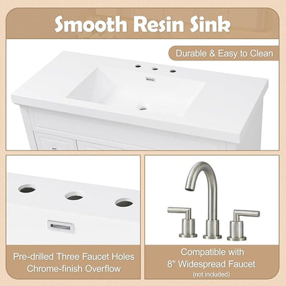 Harper & Bright Designs 48" Bathroom Vanity Set with Sink, Free Standing Single Basin Vanity Set with 2 Soft-Close Doors and 6 Drawers, Wood Storage Cabinet with Resin Basin for Bathroom, White