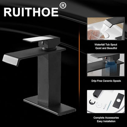 Black Waterfall Bathroom Faucet 1 Hole Deck Mount, Single Handle Bathroom Sink Faucet Modern Matte Black Lavatory Vanity Mixer Tap Commercial with Pop Up Drain