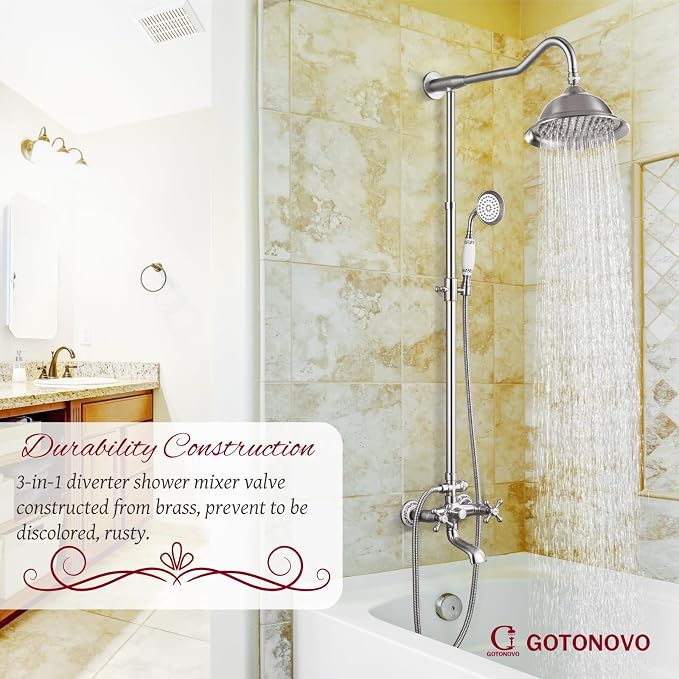 gotonovo Vintage Exposed Shower Faucet Set with Tub Spout,Brushed Nickel | Bathtub 8” Shower Head with Handheld System Fixtures Combo Kit,360°Rotation,Fast Filler,Extra Extension Tube,for 5-6.7" Hole