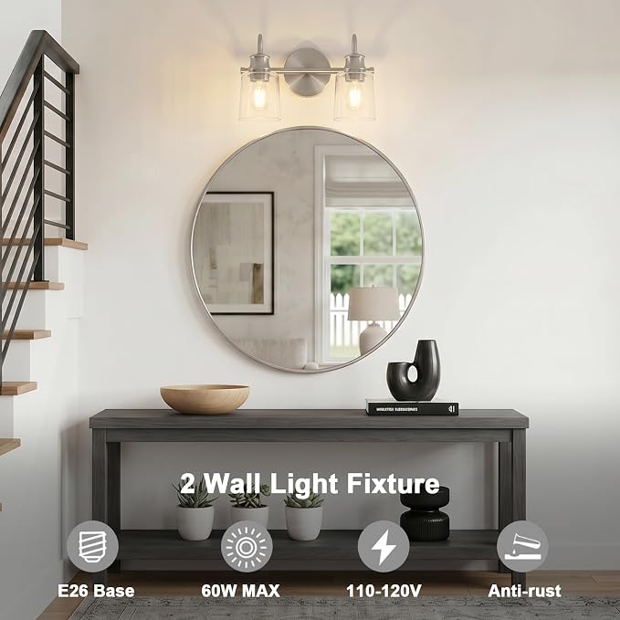 2 Lights Bathroom Light Fixtures Brushed Nickel Vanity Lights | ETL Certificate, Easy to Install,Wall Mount Up or Down,Thickened Glass Lampshade,E26 Socket,Hardwired