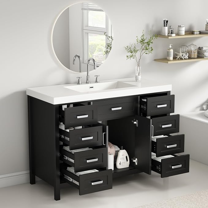 47" Bathroom Vanity Base Only, Cabinet with Soft-Closing Drawers and Doors, Simple & Modern Style, Solid Wood Frame, Black
