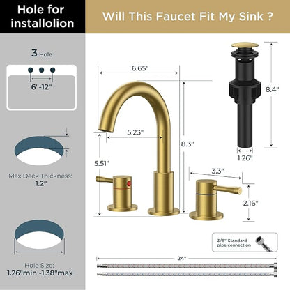 FORIOUS Bathroom Faucet 3 Hole, 360° Swivel 8 Inch Sink Faucet Brushed Gold | with Pop Up Drain, 2 Handles,for Sink Vanity RV Lavatory Farmhouse, 304 Stainless Steel, Lead-free, Leakproof