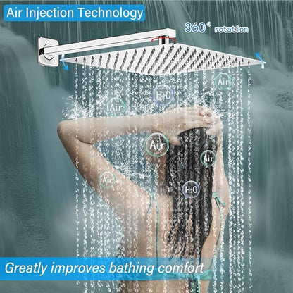 Shower Faucet Set Complete, Wall Mount Shower System for Bathroom 12 Inch High-Pressure Rainfall Shower with Handheld, Rough-in Valve Body and Trim Kit, Polished Chrome