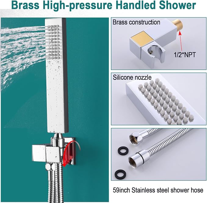HOMEDEC LED Multi Functions Full Body Shower System with 6pcs Body Jets Spray with（Up/Down ）Shower Spout, Large 3 In 1 Modes 14x20inch Showerhead, Rainfall Mist Shower Faucet Set Complete, Chrome
