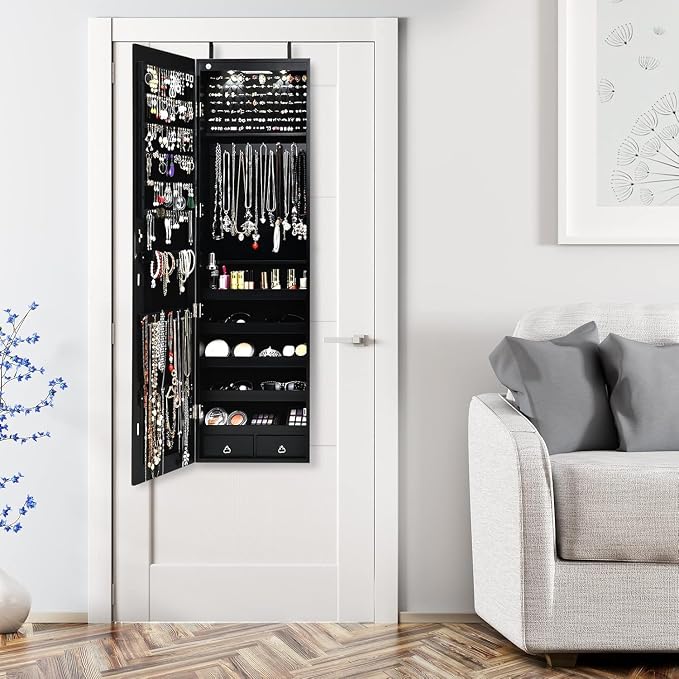 Moccha Wall Door Jewelry Armoire, Full Screen Jewelry Cabinet for Bedroom, Lockable Jewelry Cabinet, Jewelry Organizer Storage with 2 LED Lights and 2 Drawers, Black