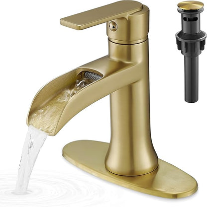 Brushed Gold Waterfall Bathroom Faucet Single Handle, 4 Inch 1 or 3 Hole Brass Bathroom Sink Faucets with Pop-Up Drain & Deck Plate for Vanity, Restroom, RV, Modern, 5 Mins Quick Install