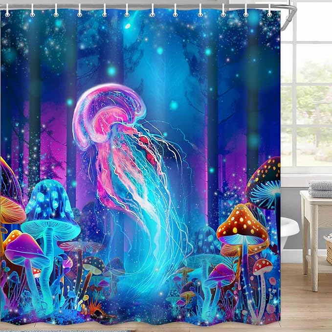 Cool Nautical Jellyfish Shower Curtain, Fantasy Mushroom Forest Bathroom Decor, Cute Colorful Shower Curtains Polyester Fabric 72"×72"