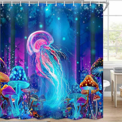 Cool Nautical Jellyfish Shower Curtain, Fantasy Mushroom Forest Bathroom Decor, Cute Colorful Shower Curtains Polyester Fabric 72"×72"