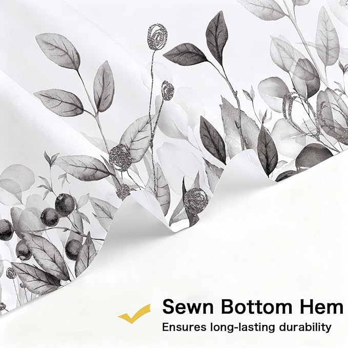 Long Gray Eucalyptus Shower Curtain 72X78 Inch, Black and White Watercolor Plants Leaves Tall Bathroom Curtains, Botanical Foliage Waterproof Fabric Cloth Shower Curtain Set with Hooks