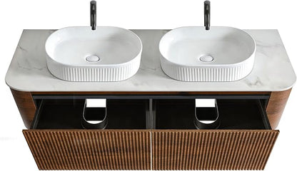 60" Preassembled Double Floating Bathroom Vanity with White Sink, Walnut | Mid-Century Modern Style, Fluted & Soft-Close Drawer with U-shaped Wall, Sinterted Stone Countertop, Towel Rack Included