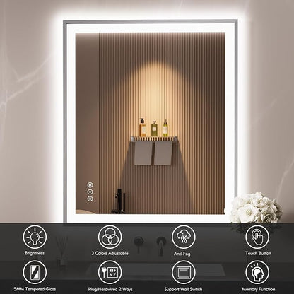 30x36 Inch Silver Frame LED Mirror for Bathroom | Silver Metal Frame, Front and Backlit, 3 Colors, Dimmable, Memory, Anti Fog, Tempered Glass, Lighted Mirror for Wall
