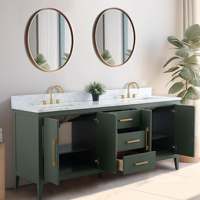 Vanity Art 72 inch Bathroom Vanity with Double Sink & Ceramic Top, Vanity Cabinet with Soft-Closing Doors, Drawers, Solid Wood Frame, Vintage Green, Brushed Nickle Handware