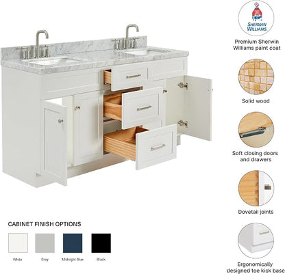 Bradford 66" White Double Bathroom Vanity, 1.5" Edge Italian Carrara Marble Countertop, Rectangular Undermount Sinks, 2 Soft Closing Doors, 3 Dovetail Drawers, Brushed Nickel