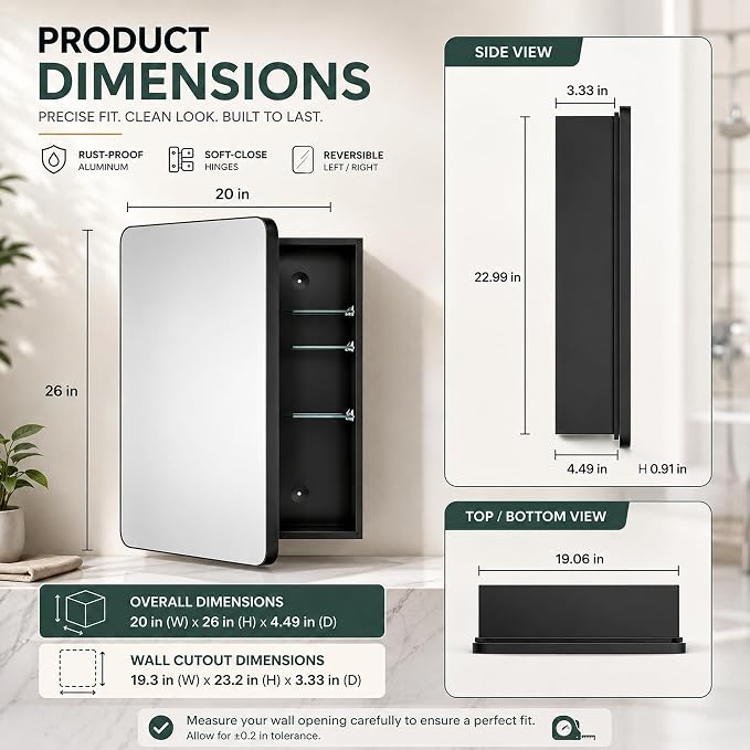 20x26 Black Medicine Cabinet with Mirror, Recessed & Surface Mount | Bathroom mirror with storage: 6 adjustable shelves fit tall bottles; DTC soft-close hinges; rust-resistant aluminum