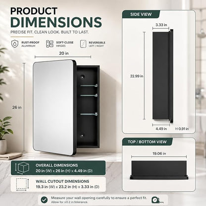 20x26 Black Medicine Cabinet with Mirror, Recessed & Surface Mount | Bathroom mirror with storage: 6 adjustable shelves fit tall bottles; DTC soft-close hinges; rust-resistant aluminum