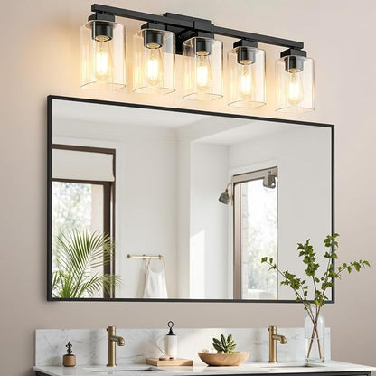 31” Bathroom Light Fixtures Over Mirror,5-Light Black Vanity Light | Square Clear Glass & Durable Metal, Quick & Easy Installation, Standard E26 Socket, Bright Bathroom Lighting