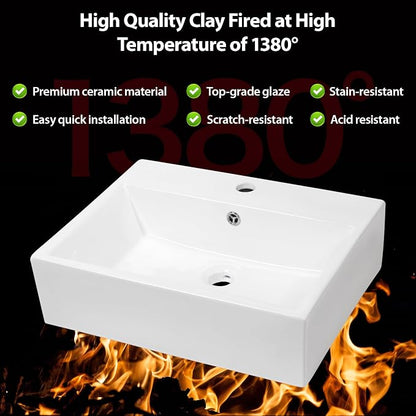 Wall Mount Bathroom Sink 21x16 Inch Rectangle Bathroom Sink | Floating Vessel Sink Rectangle Bathroom Sink Above Counter White Ceramic Basin White Rectangle Porcelain Vessel Sink