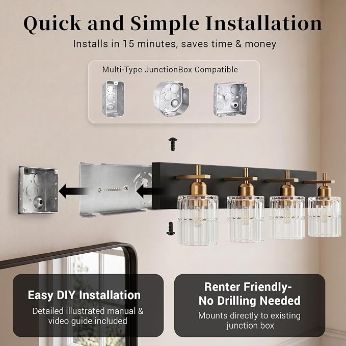 ocioc 4-Light Bathroom Lighting Fixtures Over Mirror,29 Inch | Modern Black and Gold Wall Lamp with Clear Crystal Glass Shades, Dimmable E26 Base, for Bedroom Mirror Hallway