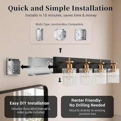 ocioc 4-Light Bathroom Lighting Fixtures Over Mirror,29 Inch | Modern Black and Gold Wall Lamp with Clear Crystal Glass Shades, Dimmable E26 Base, for Bedroom Mirror Hallway