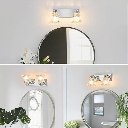 Vintage 2-Light Bathroom Vanity Light, Chrome Bathroom Light Fixtures with Floral Clear Glass Shades, Antique Wall Sconce Fixtures for Dressing Table, Bedroom