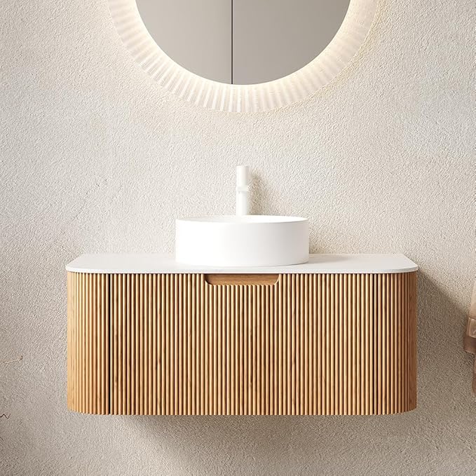 36'' Bathroom Vanities Cabinet with Sink Combo, Wall Mounted Floating Cabinet W/Curved Edges Stripes, Oak Plywood, Soft-close System with a Drawer, White Round Ceramic Basin - Kiel, Natural Wood