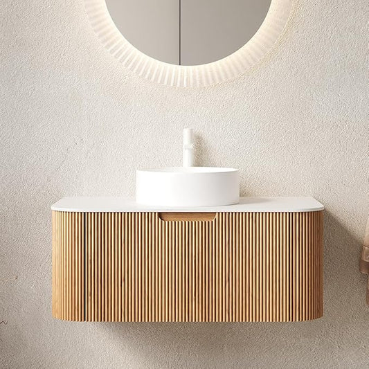 36'' Bathroom Vanities Cabinet with Sink Combo, Wall Mounted Floating Cabinet W/Curved Edges Stripes, Oak Plywood, Soft-close System with a Drawer, White Round Ceramic Basin - Kiel, Natural Wood
