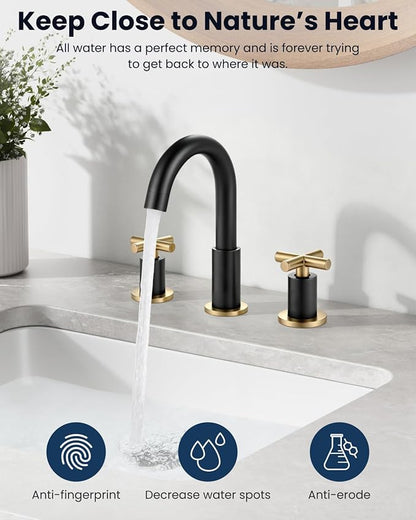 gotonovo 8’’ Widespread Bathroom Sink Faucet 3 Hole Black & Brushed Gold | Bathroom Faucet Vanity,6-16’’ Sink,Basin,RV,Lavatory,2 Cross Handle,SUS304,360° Swivel Spout,24’’ cUPC Hose,Pop Up Drain
