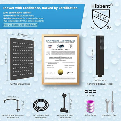 Hibbent All Metal CUPC Certified 8'' Rain Shower Head, Dual Shower Head Combo, High Pressure Handheld 4 Sprays Shower Wand, 16'' Adjustable Extension Arm, 71'' Hose, Shower Holder, Oil Rubbed Bronze