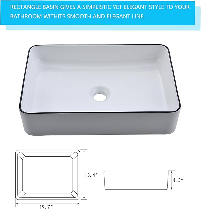 20 Inch Rectangular Bathroom Vessel Sink,20x14 Inch Bathroom Sink White Background with Black Rim Vessel Sink Small Bathroom Sink Above Counter Porcelain Vessel Sink Lavatory Vanity Sink Basin