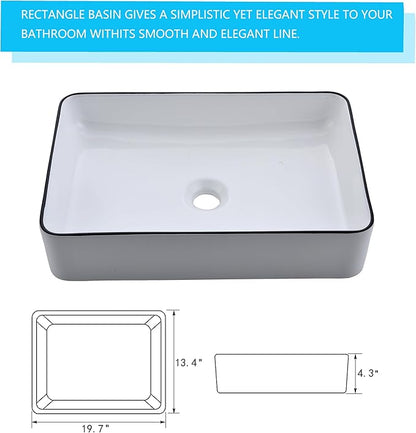 20 Inch Rectangular Bathroom Vessel Sink,20x14 Inch Bathroom Sink White Background with Black Rim Vessel Sink Small Bathroom Sink Above Counter Porcelain Vessel Sink Lavatory Vanity Sink Basin