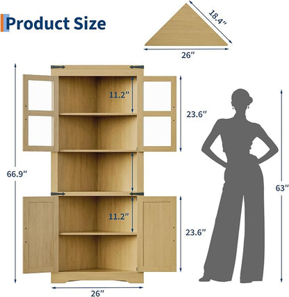 GAOMON Farmhouse Corner Cabinet, Tall Corner Storage Cabinet with Glass Door & Adjustable Shelves, Bathroom Cabinet with Storage for Living Room, Kitchen, Bathroom, Natural