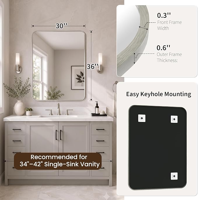 30x36 Inch Brushed Nickel Rounded Rectangle Bathroom Vanity Mirror | For Over-Sink Bathrooms, Corrosion-Resistant Aluminum Frame, Slim Front Profile, Two-Way Mount, Protective Packaging