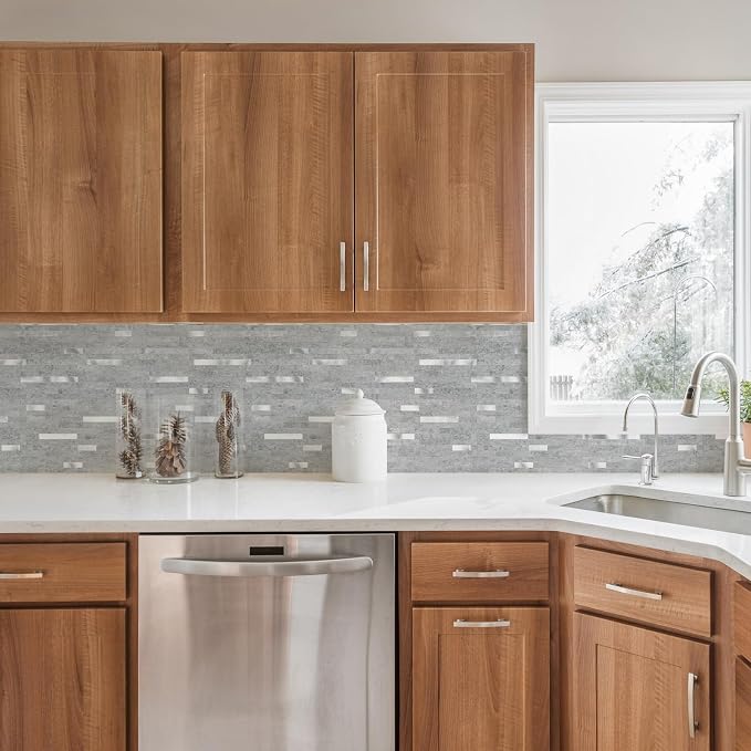 STICKGOO 20 Sheets Peel and Stick Backsplash Tile, Stick on Backsplash for Kitchen and Bathroom, Grey Marble Look PVC Mixed Metal Silver Self Adhesive Wall Tiles