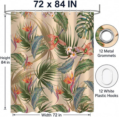 Tropical Shower Curtain, Colourful Leaves Floral Palm Leaf Hawaiian Botanical Plant Bathroom Decor, Waterproof Cloth Fabric Bath Curtain with Hooks 72 x 84 inch