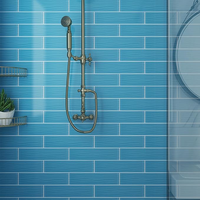 Blue Water Wave Glass Subway Tile, Glass for Bathroom Kitchen Backsplash Wall, 3 x 12 Inch, 4 Sq.Ft.