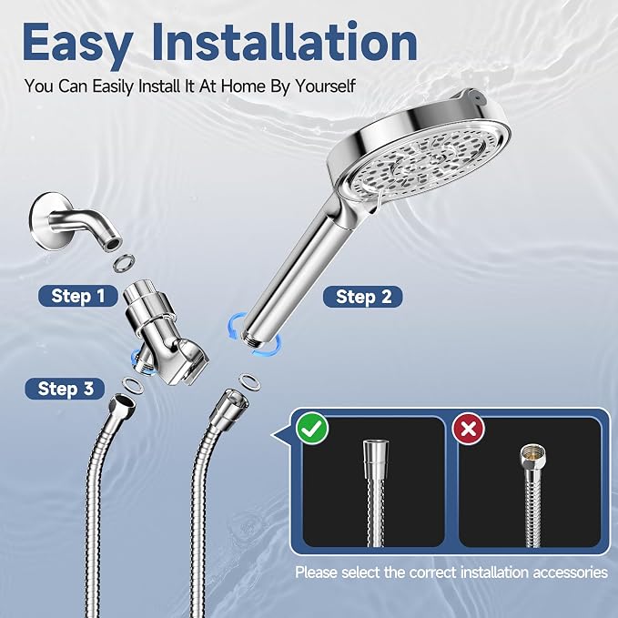 6 Inch Filtered Shower Head, 6 Spray Modes High Pressure Handheld Shower Head with Filter for Hard Water, Detachable Water Softener Showerhead with Hose, Chrome