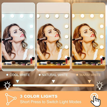 Moonee Black Vanity Mirror with Lights, Hollywood Lighted Makeup Mirror with 15 Dimmable Bulbs and 10X Magnification, 3 Colors Modes, Aluminum Metal Frame, Light Up Mirror for Tabletop/Wall（23" x 18"）