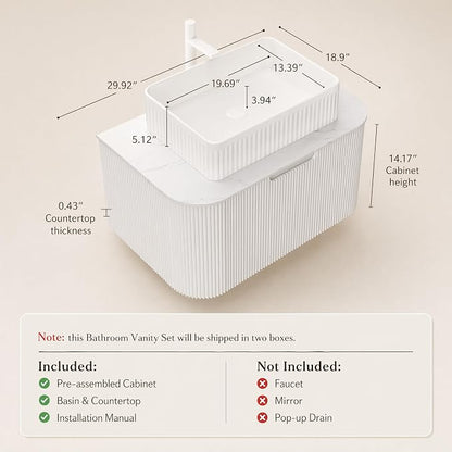 30 Inch Bathroom Vanity with Sink, Floating Wall Mounted Single Sink Vanity, White Curved Fluted Front, Stone Top, White Textured Rectangular Vessel Basin, Pre-Assembled