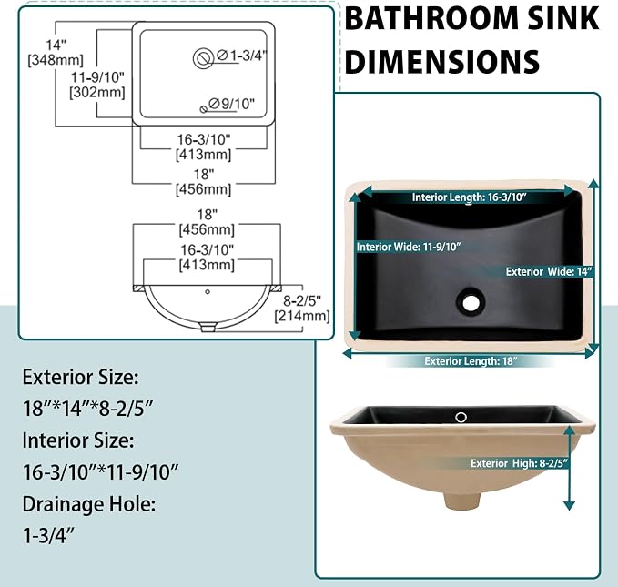 Black Ceramic 18"x14" Undermount Bathroom Lavatory Sink | Rectangle under counter black bathroom vessel sink for bathroom with overflow